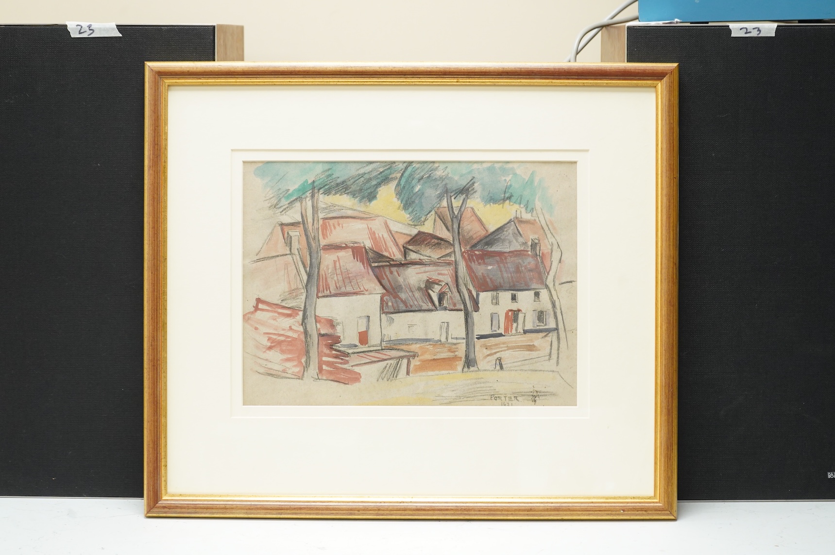 Frederick J Porter (1883-1944), ‘The Village’, signed and dated 1921, mixed media, 24 x 33cm
